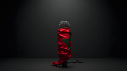 Morocco’s red flag chokes a microphone, its pentagon star barely visible—a stark image of suppressed voices.