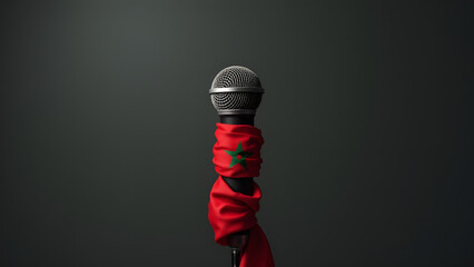 Morocco’s red flag chokes a microphone, its pentagon star barely visible—a stark image of suppressed voices.