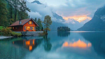 Fototapeta premium Lakeside cabin at sunset reflecting on still water. A charming chalet nestled beside a serene lake, bathed in the golden hues of a tranquil sunset. Misty mountains frame the scene