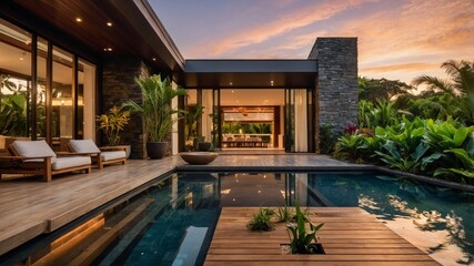 Obraz premium Breathtaking sunset view of a pool surrounded by a modern coastal villa with lush greenery and a peaceful atmosphere