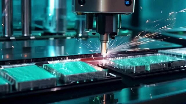 Cinematic Animation of Robotic Arm Assembling Glowing Microchips in High-Tech Manufacturing Lab &ndash; Futuristic Automation, Precision AI Robotics, and Holographic Quality Control Interfaces

