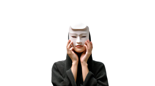 Unveiling Identity: A woman in a black hooded robe gently holds a white mask to her face, her gaze piercingly direct.
