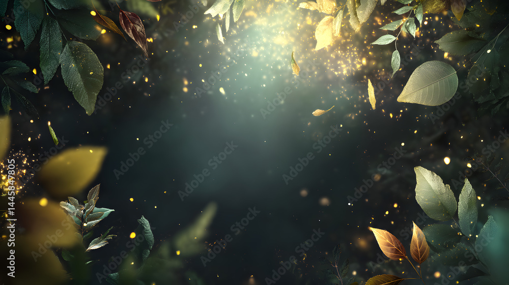 Poster enchanted forest frame: a magical backdrop of golden leaves and sparkling light in a deep forest set