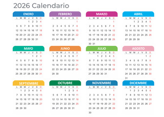 Calendar 2026 Year mockup. Spanish version. Annual horizontal template with colored tabs on white background. Modern design. Editable format. EPS10.