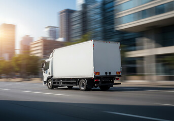 A white delivery truck speeds along a highway in a busy urban environment on a sunny day.