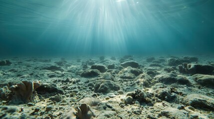Obraz premium Underwater Serenity with Sunlight Rays Illuminating Sea Floor