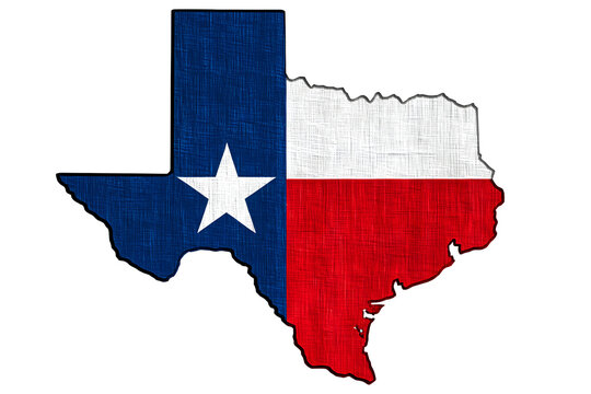 Texas map silhouette, featuring the state flag colors and a white star on transparent background blue backdrop