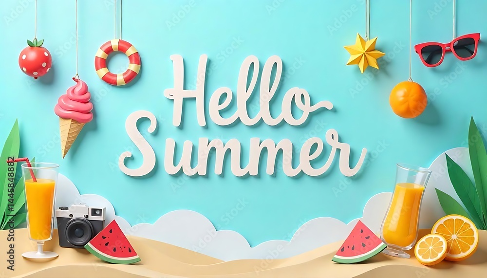 Fototapete hello summer with decoration origami hanging on the sky background. banner template paper art and cr