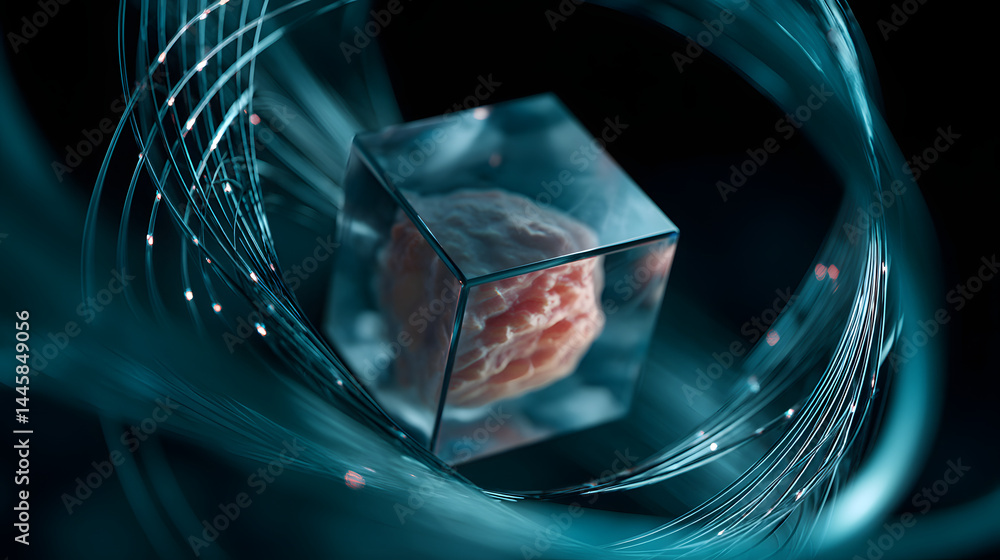 Poster encapsulated innovation: a translucent cube, seemingly containing a delicate, organic structure, flo