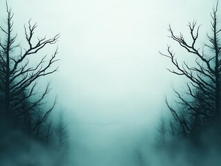 Obraz premium A gothicinspired misty forest, hauntingly twisted trees reaching toward a stormy mountain sky