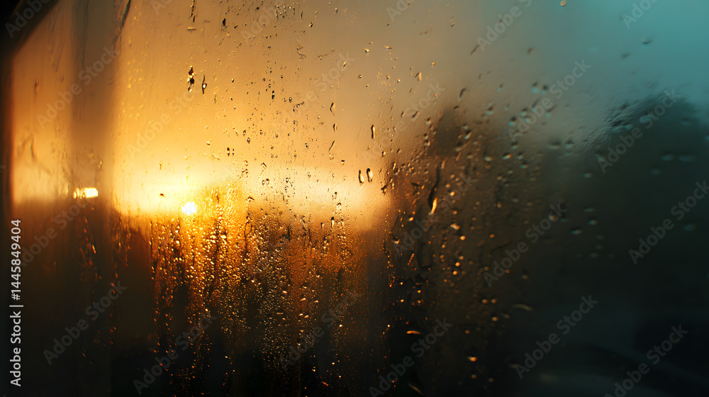 Poster sunset through wet glass: warm sunset hues are visible through a rain-streaked windowpane, creating 