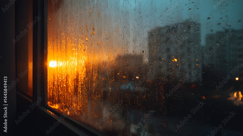 Poster cityscape through wet window: raindrops cascade down a window, blurring the vibrant cityscape outsid