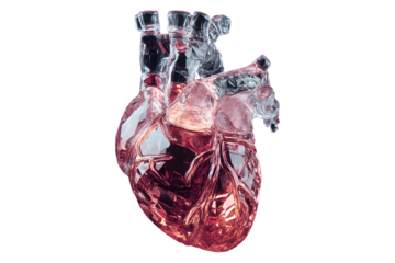 Glass heart. Shiny, translucent red and clear glass sculpture of anatomical heart on transparent background