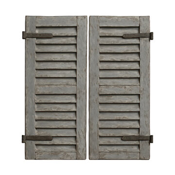 Fototapeta Authentic pair of distressed grey wooden window shutters, featuring a classic louvered style and rusty metal hinges.