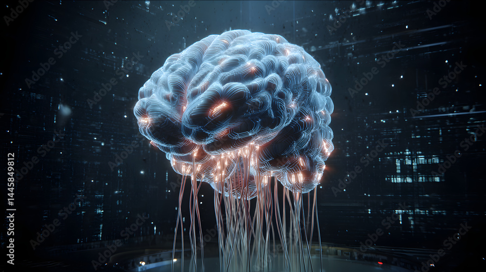 Poster intricate depiction of human brain: a detailed representation of a human brain. the image combines e