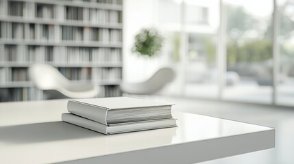 Blurred backdrop of a modern white study room with a focus on a table and books. 