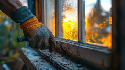 Replacing old window frame.  Worker removes weathered window trim