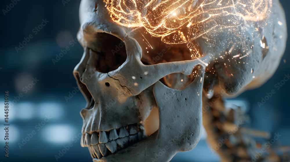 Poster glowing mind: a detailed skull with glowing neural pathways, an abstract concept emphasizing the int