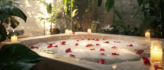 Luxurious spa bathtub with bubbles, rose petals, lush tropical greenery, and warm candlelight. Rolled towels add to the serene, tropical vibe against a stone wall, perfect for relaxation imagery.