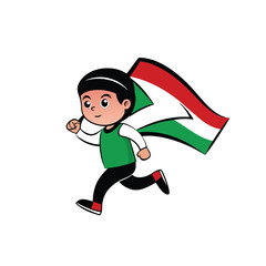 Cartoon sport illustration shows a boy running with a soccer ball while a boy and girl are jumping with fun action