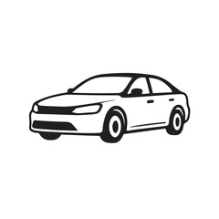 Simple black and white drawing of a modern sedan shown in side front perspective with clean lines and minimal detailing suitable for icons logos and design projects
