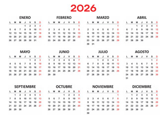 Spanish Yearly calendar. 2026 mockup. Annual Horizontal template. Classic simple minimal design. Black numbers on white background. Editable format. First day lunes monday. EPS10.