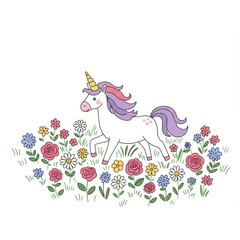A cartoon unicorn with purple mane walking through a field of colorful flowers on a white background