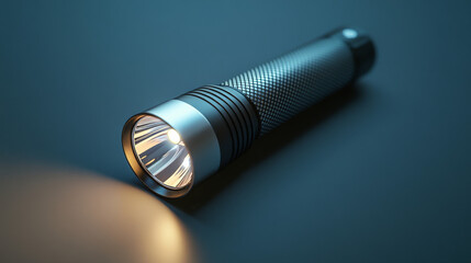 Modern aluminum LED pocket flashlight switched on, shown against a gray background