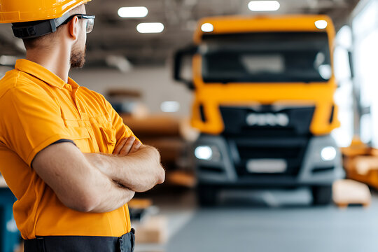 Warehouse supervisor with truck. Inspector in hardhat monitoring vehicle. Transportation and logistics industry concept. Safety and inspection professional at work.