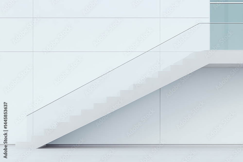 Poster minimalist white staircase with glass railing against a tiled wall. architectural detail emphasizing