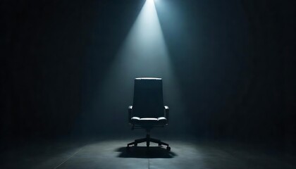 A  black leather office chair in a dark room illuminated by a single spotlight from above, notion of casting and selecting, created with generative ai
