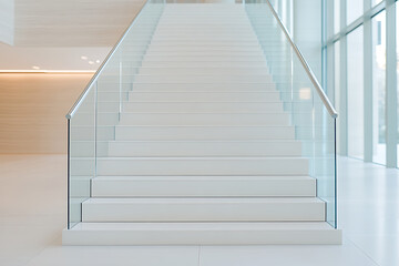 Fototapeta premium Modern white staircase with glass railing, ascending upwards. Clean architectural design for bright spaces. Minimalist and contemporary style.
