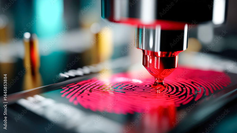 Poster close-up of a futuristic fingerprint scanner glowing with red light on a circuit board, emphasizing 