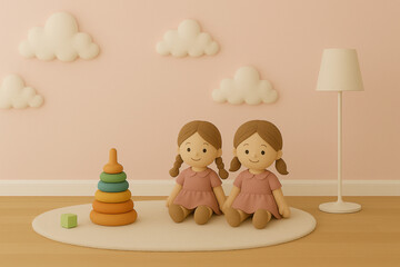 Twin dolls. Charming children's room with two dolls, colorful stacking toy, fluffy clouds, and a floor lamp on a soft pink background.