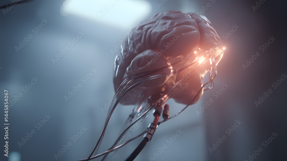 Poster brain in technological: a hyperrealistic illustration of a human brain linked to technological compo