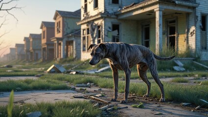 A lone brindle dog stands amidst the ruins of a deserted neighborhood, its weathered appearance mirroring the desolate surroundings. The setting sun casts a melancholic glow.
