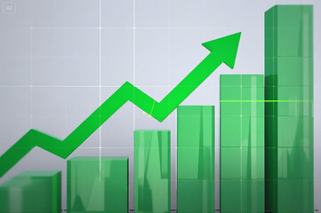 Green arrow rising on bar graph, symbolizing business growth success