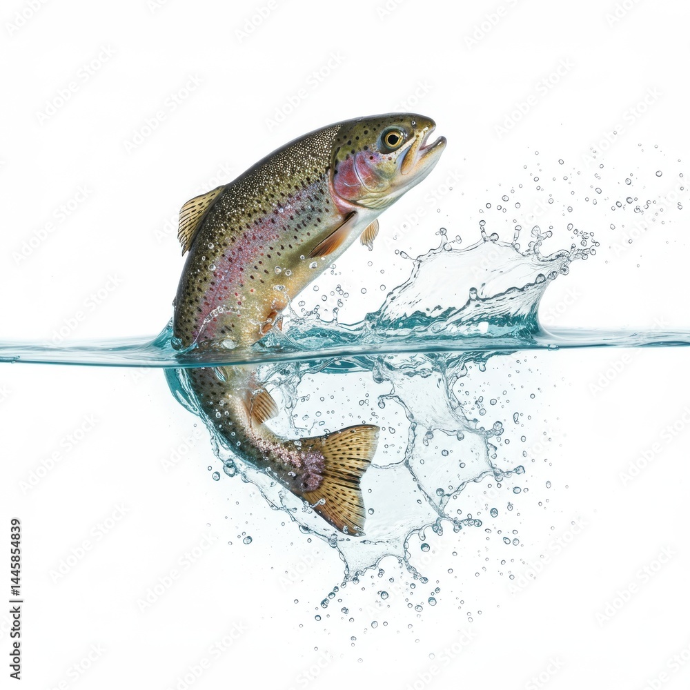 Poster a rainbow trout leaping from clear water creating a splash against a white studio background