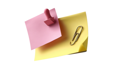 Notes and Reminders: Two sticky notes, one in pink, the other in yellow, are held together by a paperclip and stamp, a visual aid for important messages and thoughts.