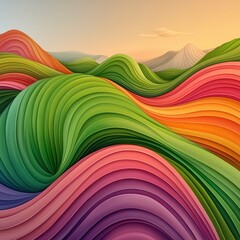 Naklejka premium Abstract landscape illustration featuring vibrant, multicolored undulating hills in shades of green, pink, purple, and orange against a soft, sunrise