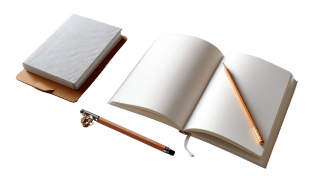 Notebooks and Pen: A collection of a notebook, an open notebook with a pencil resting across the blank pages, and a stylish pen against a bright background, ready for creative writing.