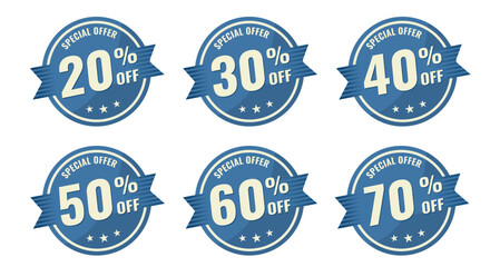 Obraz premium Special Offer 20, 30, 40, 50, 60, 70 Percent Off – blue vintage sticker, retro badge – vector illustration