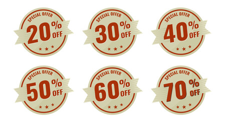 Special Offer 20, 30, 40, 50, 60, 70 Percent Off – beige and red vintage sticker, retro badge – vector illustration