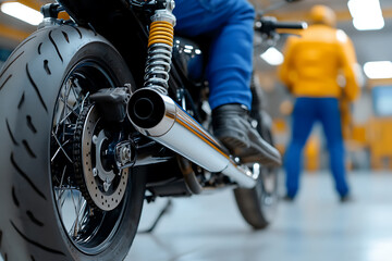 Naklejka premium Motorcycle closeup: Wheel, suspension, exhaust in focus. Rider in blue, worker in yellow. Garage setting. Motion and mechanics concept. #motorcycle