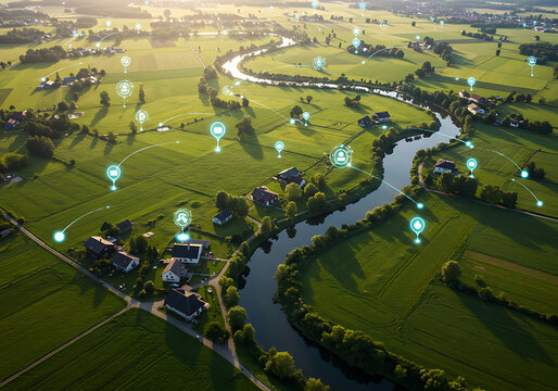 An aerial shot of a network connecting houses and fields in a digitalized landscape.