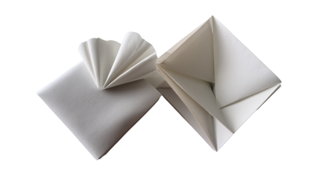 Minimalist Paper Folding: Two crisp white folded paper boxes against a plain background, showcasing the subtle beauty of simple geometry and craftsmanship.  