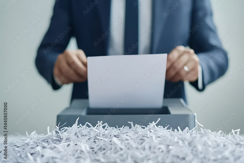 Poster document destruction: a person shreds paper in a small office shredder, creating shredded remnants. 