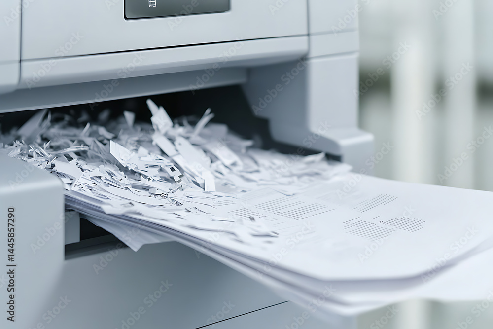 Poster paper shredder with shredded paper and a stack of papers waiting to be shredded. secure document des