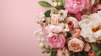 Petals in Pink: An exquisite bouquet of delicate peonies, roses, and blossoms unfolds against a soft pink backdrop, the photo radiates romance and beauty.