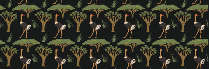Abstract pattern with birds ostriches and savanna trees in trendy colors. Exotic tropical background with flora and big bird. Vector seamless pattern. Summer design in the jungle.